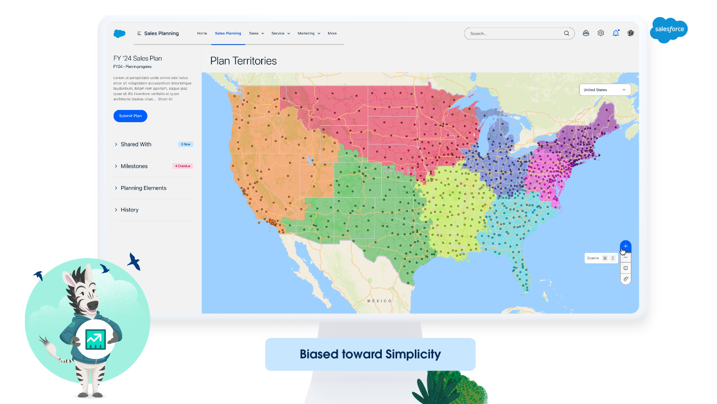 U.S. map in Salesforce, divided into color-coded territories and shows points that represent customers.